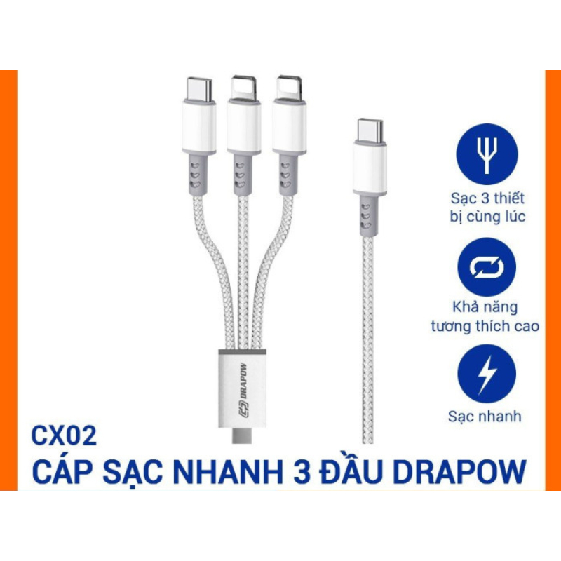 Cáp sạc nhanh 3 đầu công suất 12w