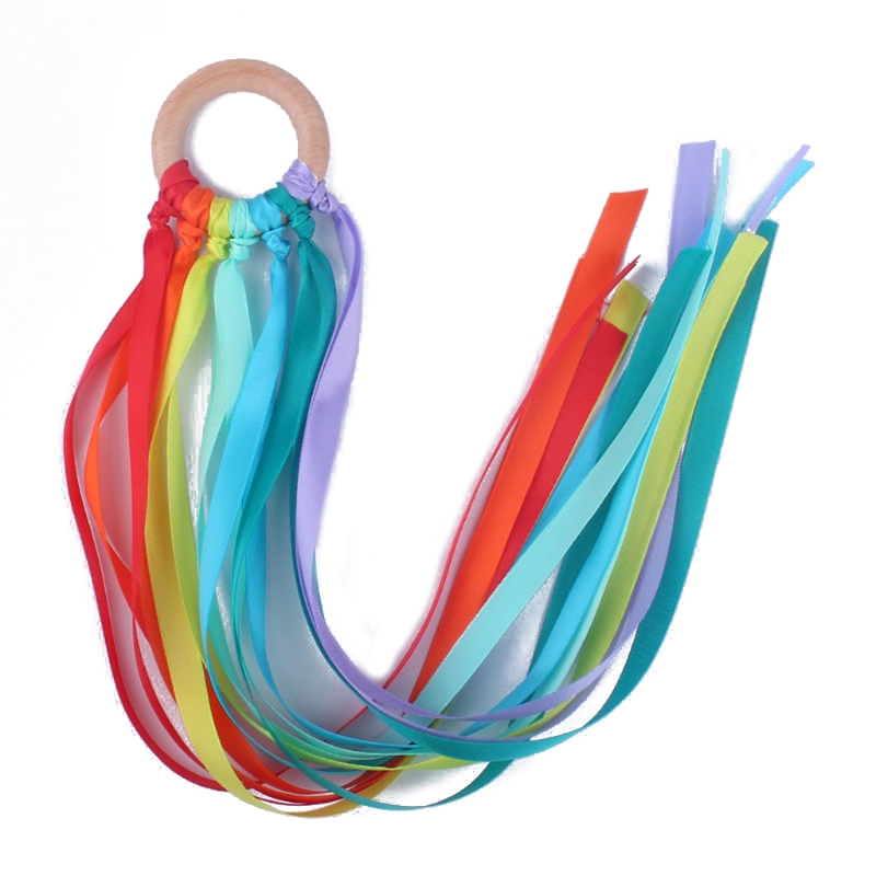 Baby Ribbon Wooden Ring Teether Nursing Chewing Teething Toy Bracelets BPA-free Non-toxic for Newborns Colour Recognition Sensory Toy