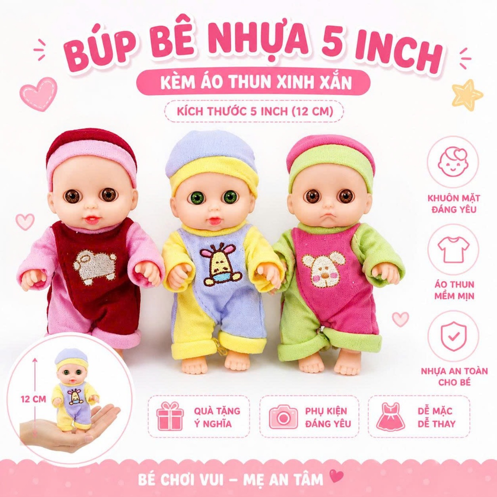 [Đủ mẫu,Kèm áo thun + nón] Búp Bê Nhựa Mềm Mắt To 12 cm 5 inch Vinyl reborn Baby Doll