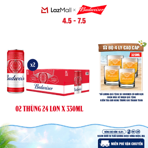 Combo 2 Thùng 24 Lon Bia Budweiser Sleek Can Chính Hãng (330ml/lon)