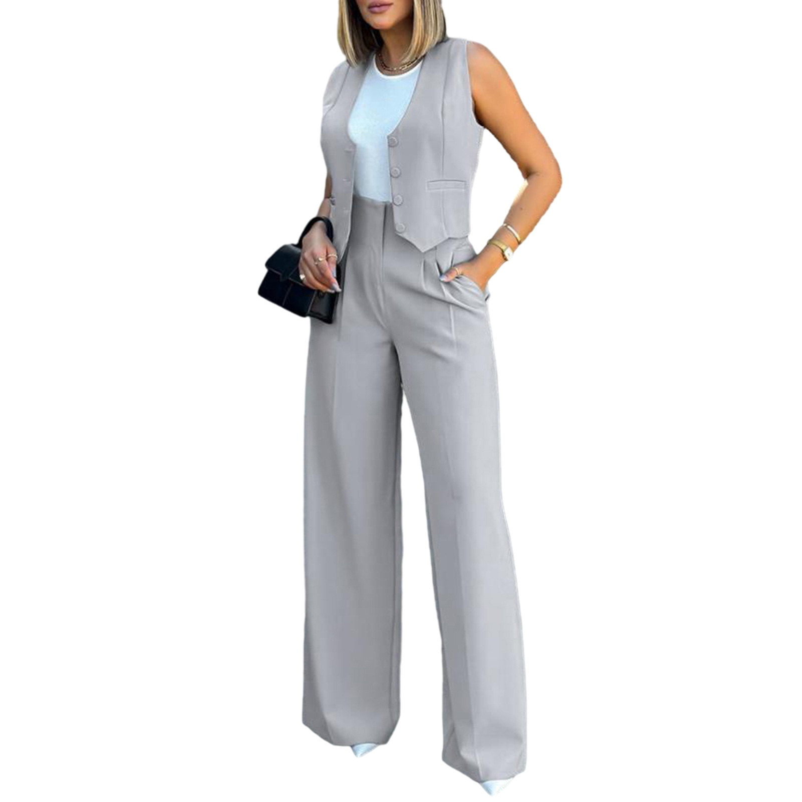 Women Polyester Suit Set Loose Fit Women Suit Set Women's 2 Piece Business Suit Set for Office Work V Neck Crop Vest Tops and High Waist Pants Summer Outfit for Professional Women