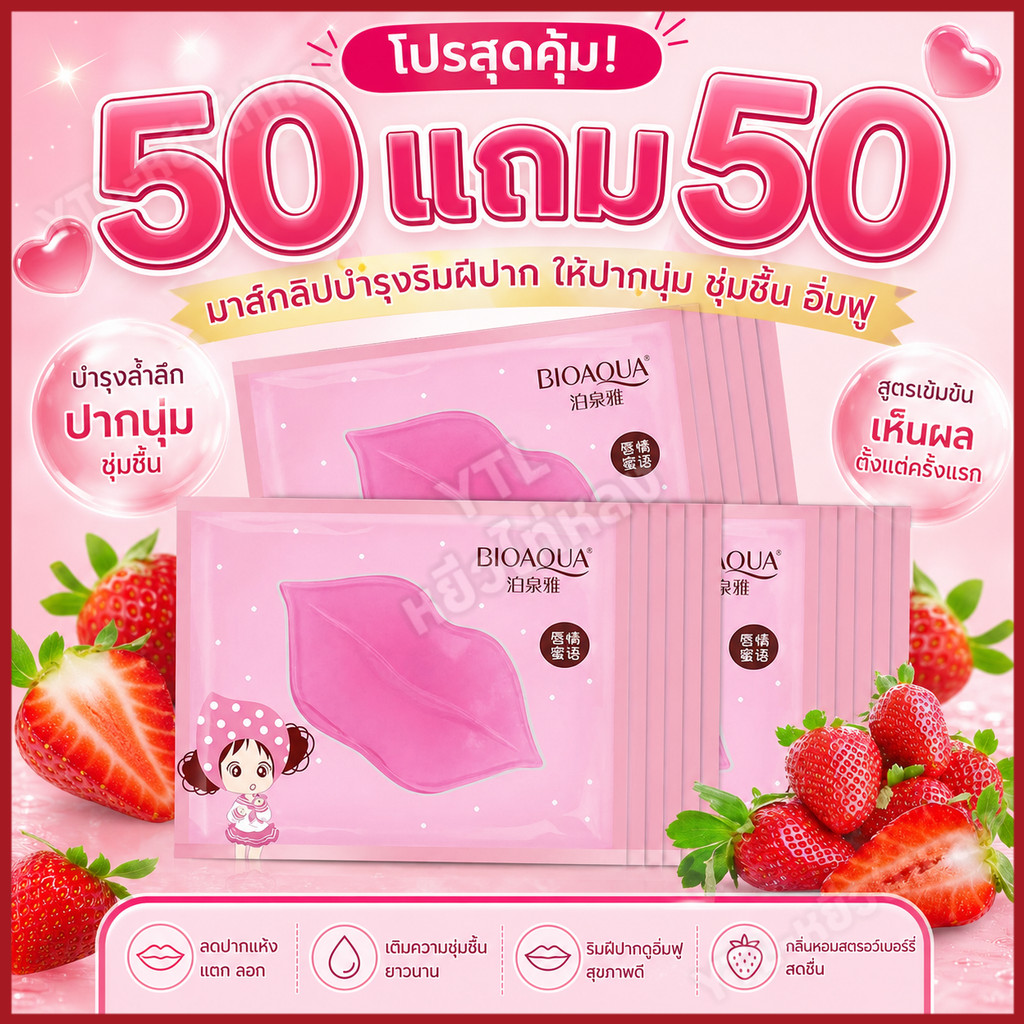 YTL🔥50 แถม 50🔥BIOAOUA️ มาร์คปาก มาร์คริมฝีปากชมพู ครัสตัลค อลลาเจน ช่วยให้ริมฝีปากชุ่มชื่น ราคา 115 บาท*ส่งฟรี