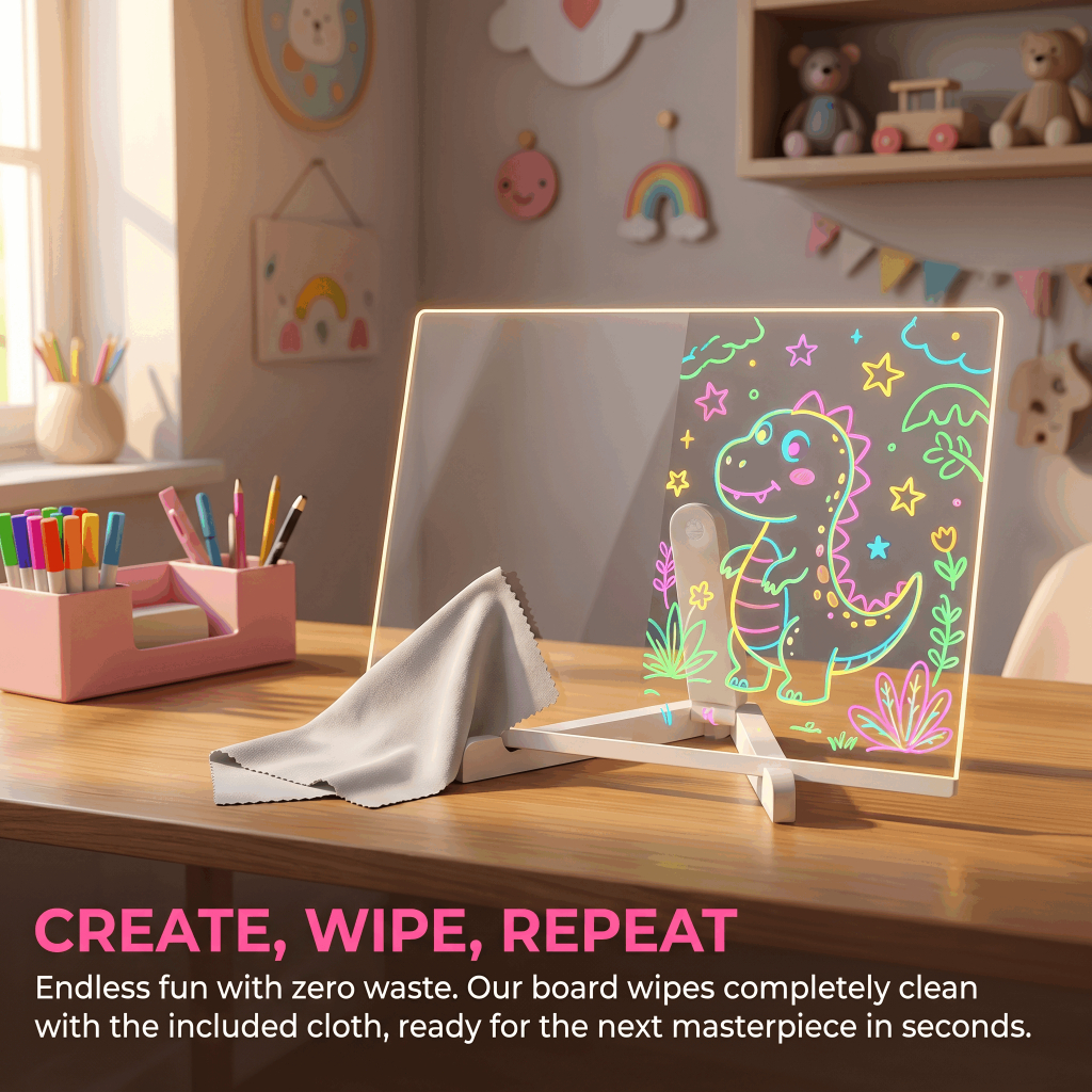 20*30cm LED Luminous Drawing Board Toys Night Light with 7 Colored Markers & Wipe Cloth for Kids Art & Note Writing High Brightness USB Powered IP44 Waterproof
