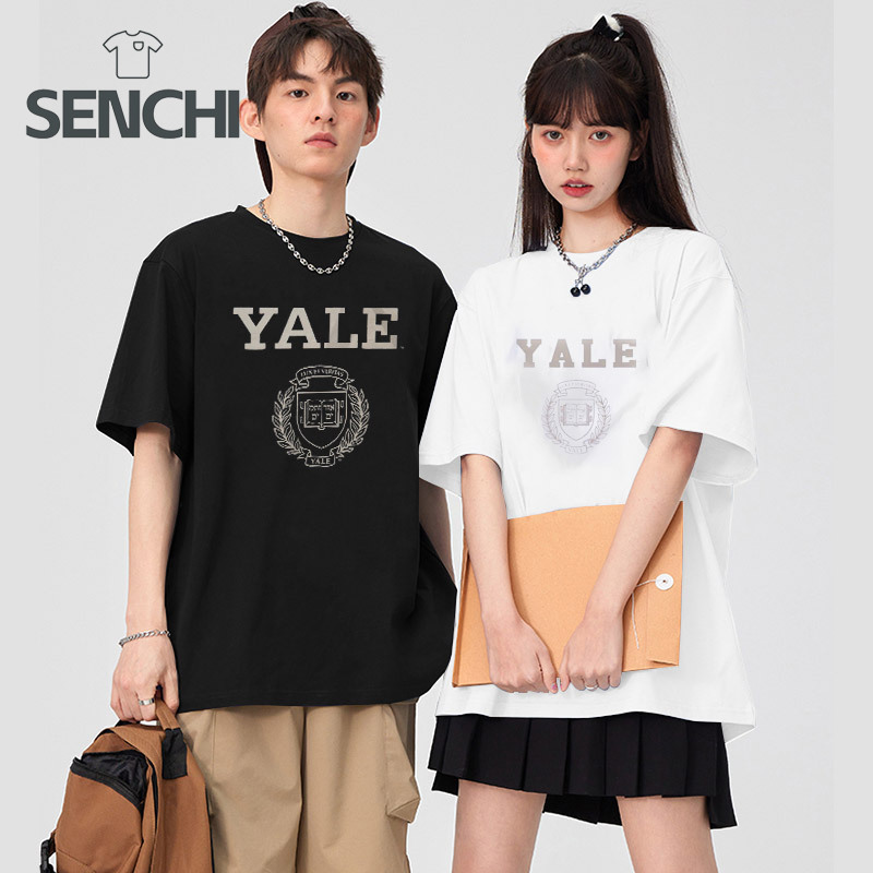 SENCHI丨Áo thun ngắn tay-Yale University Yale Straight-Một phong cách trường học sinh viên bao quanh 