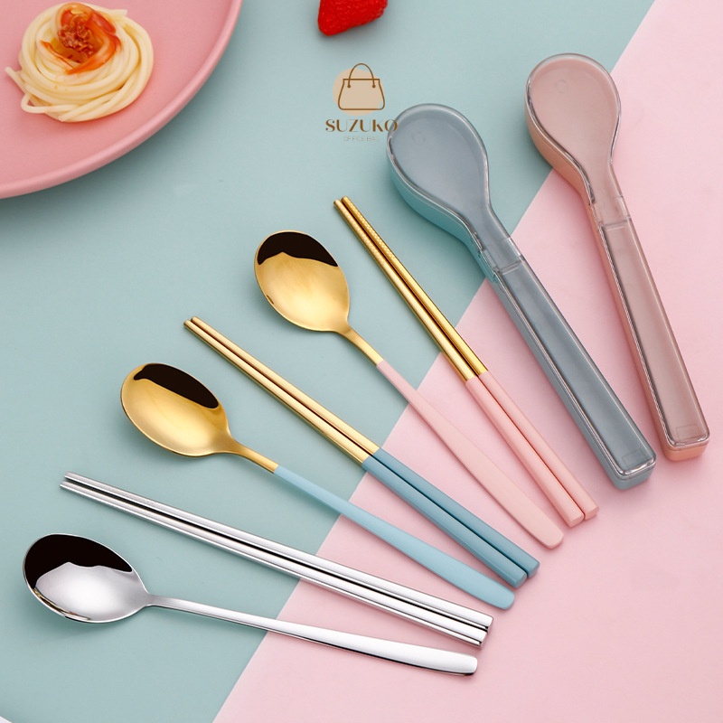 Bộ thìa dĩa cá nhân, hộp đựng thìa đũa văn phòng inox 304 kèm hộp có nắp đậy nhỏ gọn đáng yêu mang đi làm TM16