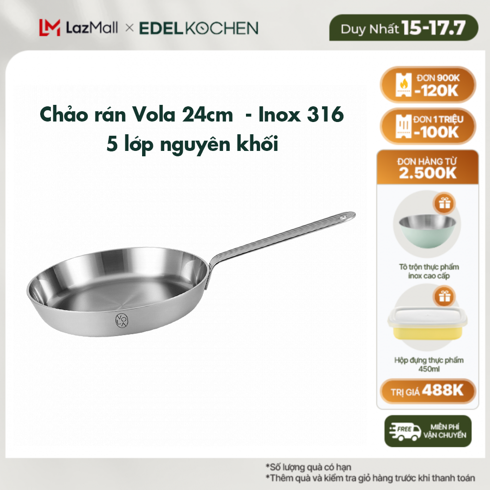 Chảo chiên inox 316 - 5 lớp nguyên khối cao cấp Edelkochen Vola Collection 24 cm