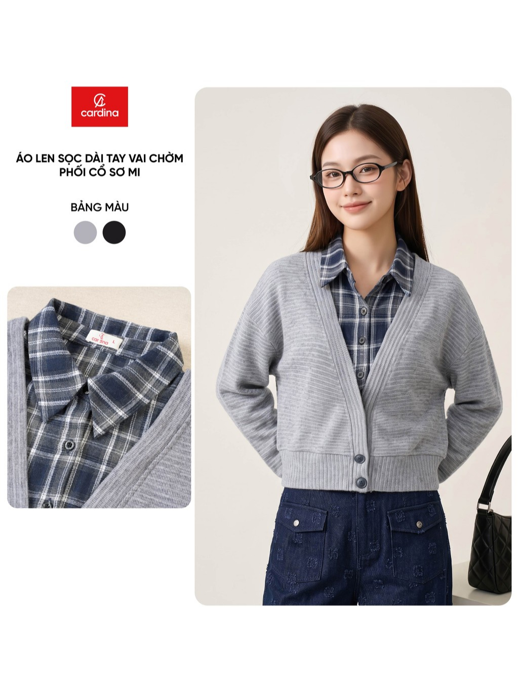 Áo len nữ CARDINA dài tay vai chờ phối cổ sơ mi  6ALD19