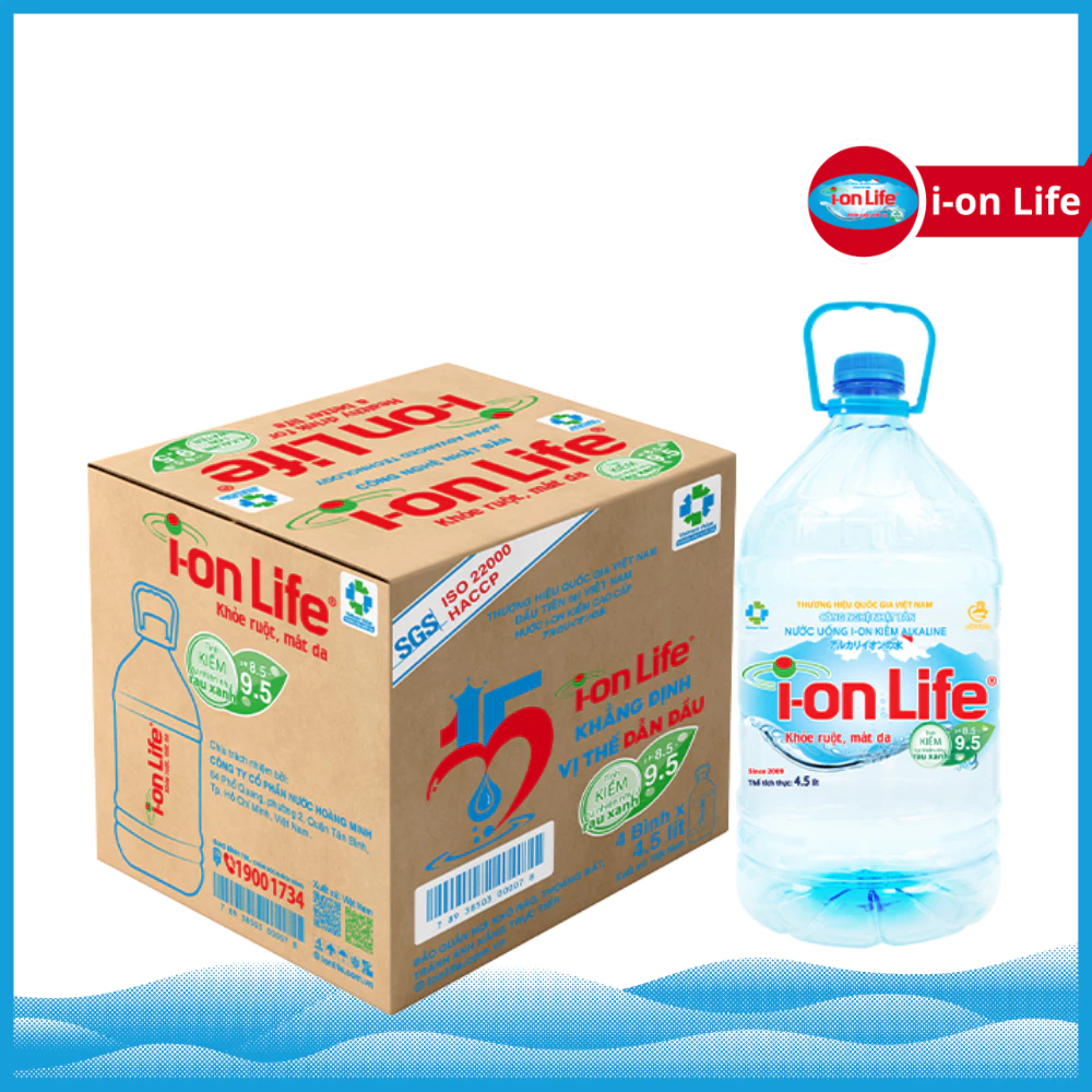 Thùng 4 Bình Nước Uống ION Kiềm Đóng Chai ION Life 4.5L lít - Khỏe ruột Mát gan Hỗ trợ tiêu hoá, Trung hoà axit dư thừa - Thương hiệu i-on Life Giá 162,864 Đồng*Miễn phí vận chuyển
