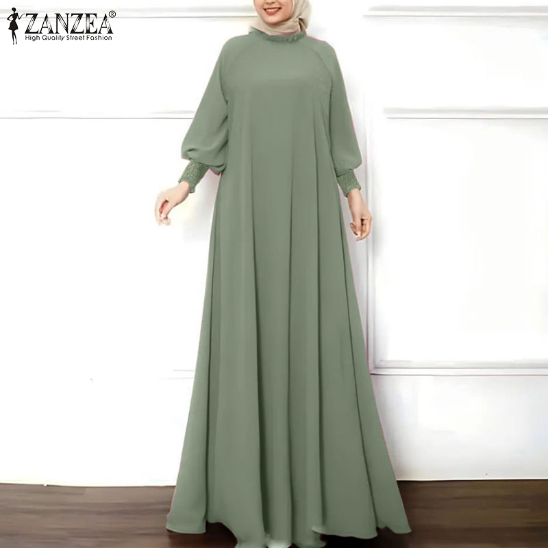 Hijabfab ZANZEA hồi giáo phụ nữ hồi giáo lslamic áo choàng maxi abaya thanh lịch tay áo phồng rắn xếp li ăn mặc #0826