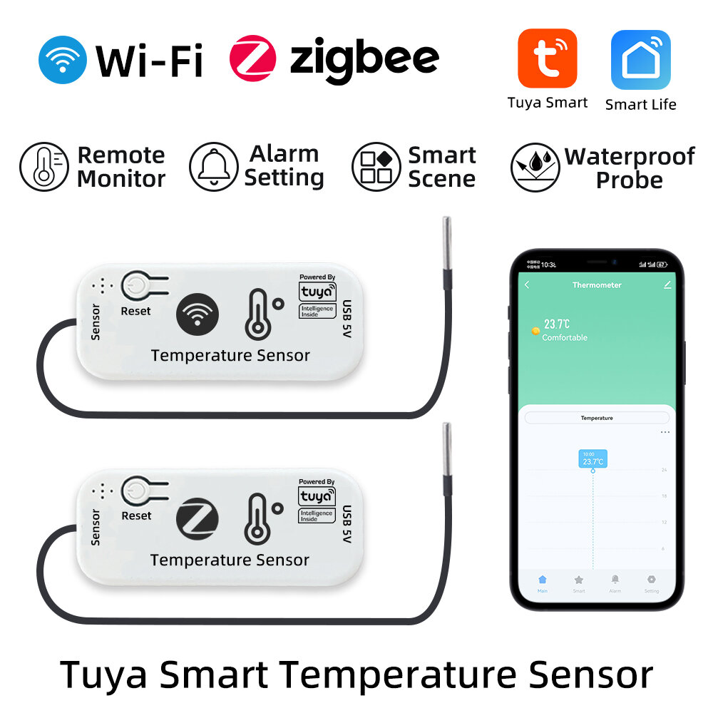 Tuya เซ็นเซอร์วัดอุณหภูมิแบบหัวกันน้ำ Wi-Fi/Zigbee ใช้ไฟ USB 5V ดูค่า ตั้งเงื่อนไขผ่านแอป ราคา 317 บาท*ส่งฟรี