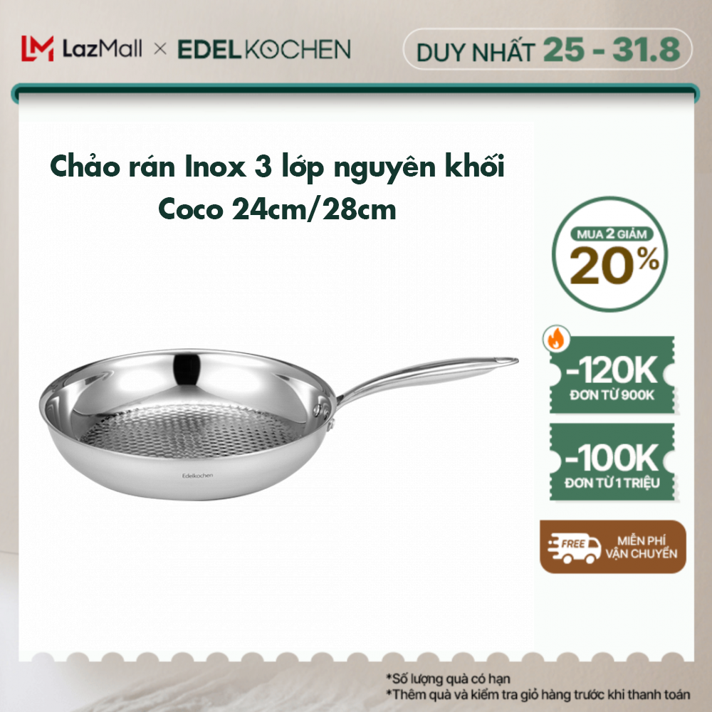 Chảo xào inox 3 lớp nguyên khối Edelkochen Coco Collection 24,28cm – Màu Mirror