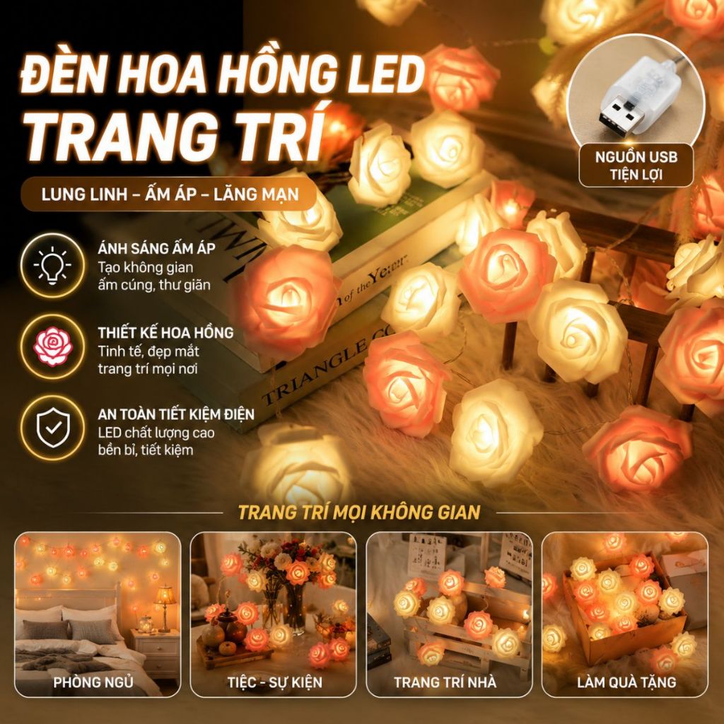Dây Đèn LED 3 mét 20 Bông Hoa Hồng Trang Trí Nhà Cửa, Phòng Ngủ, Tiệc Cưới Cực Lung Linh
