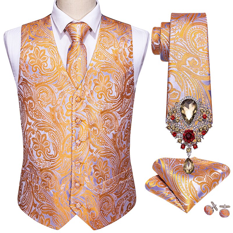 4PCS Designer Mens Wedding Suit Vest Classic Orange Jacquard Folral Silk