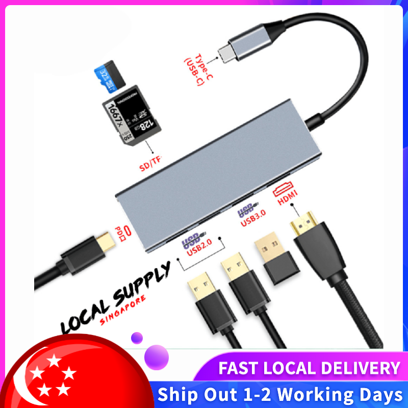 USB C Hub Multiport Adapter - 7 in 1 Portable Space Aluminum Dongle with 4K HDMI Output, 1 USB 3.0 Ports, 2 USB 2.0 Ports, SD/Micro SD Card Reader Compatible for MacBook Pro, XPS More Type C Devices