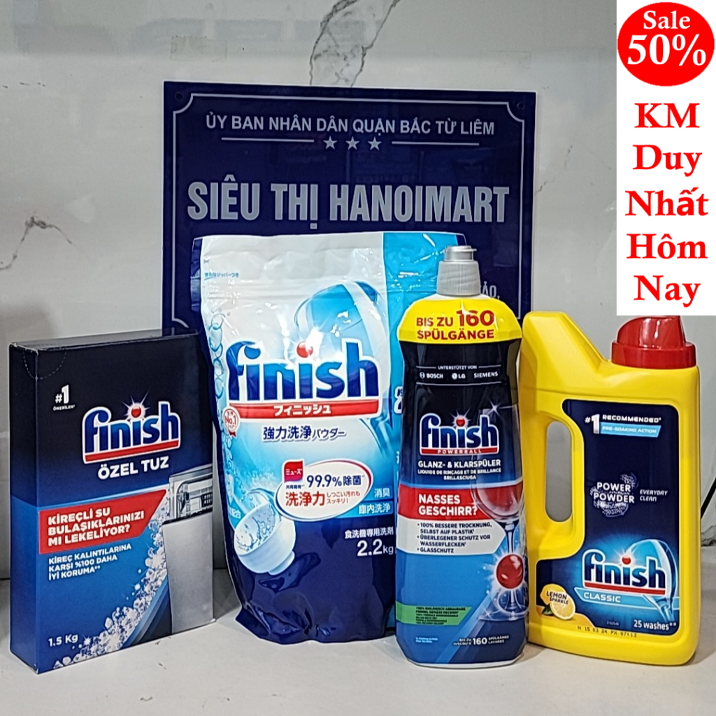 Bột rửa bát Finish 2.2kg hoặc Muối rửa bát Finish 1.5kg hoặc Nước làm bóng finish 800ml (Combo Bột rửa chén finish bột ly)