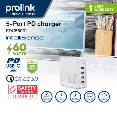 [Fast Charge iPhone 13]/ Laptop] Prolink PDC56001 60W 5-Port USB PD Desktop Charger with Intellisense (Laptop charger) - Charge Andriod/ Apple/ laptop