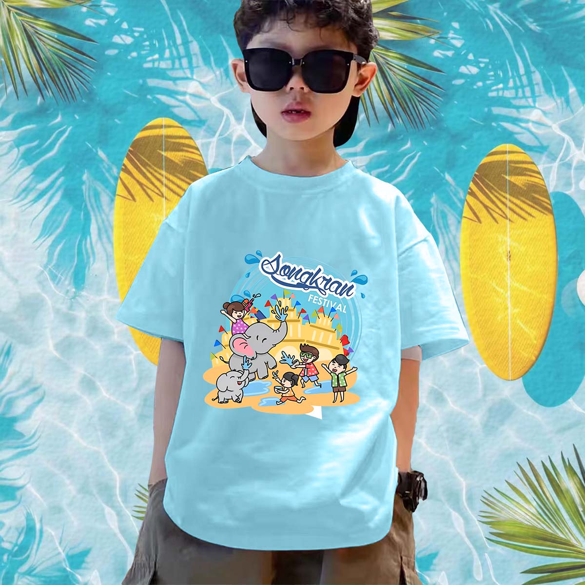 สงกรานต์ สีฟ้าอ่อน เสื้อสงกรานต์ เสื้อยืดเด็กเด็ก ลายช้างและปืนฉีดน้ำSongkran Festival เหมาะสม เด็กชาย กับสาวๆ #15 2025 ราคา 109 บาท*ส่งฟรี