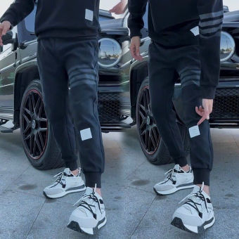 Bộ Nỉ Nam Thom cổ tròn Bộ Thu Đông nam 3 vạch tay đen chất liệu nỉ cao cấp