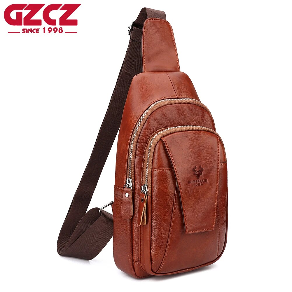 ZZOOI New Casual Chest Bag for Men Genuine Leather Shoulder Bag Lightweight Sport Crossbody Bag Fashion Male Carry Bag for iPad Mini ราคา 1,266 บาท*ส่งฟรี