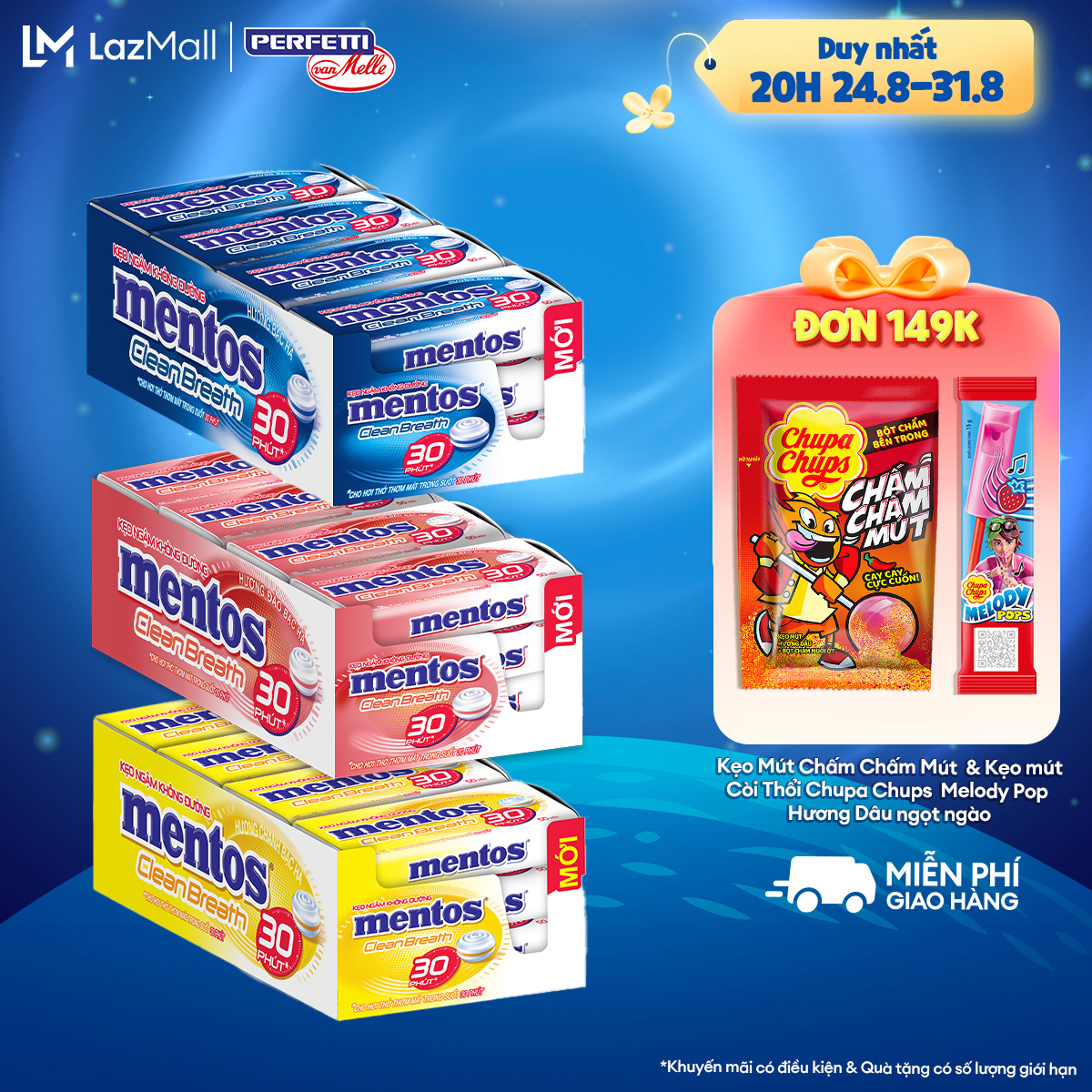 Kẹo Ngậm Không Đường Mentos Clean Breath nhiều hương