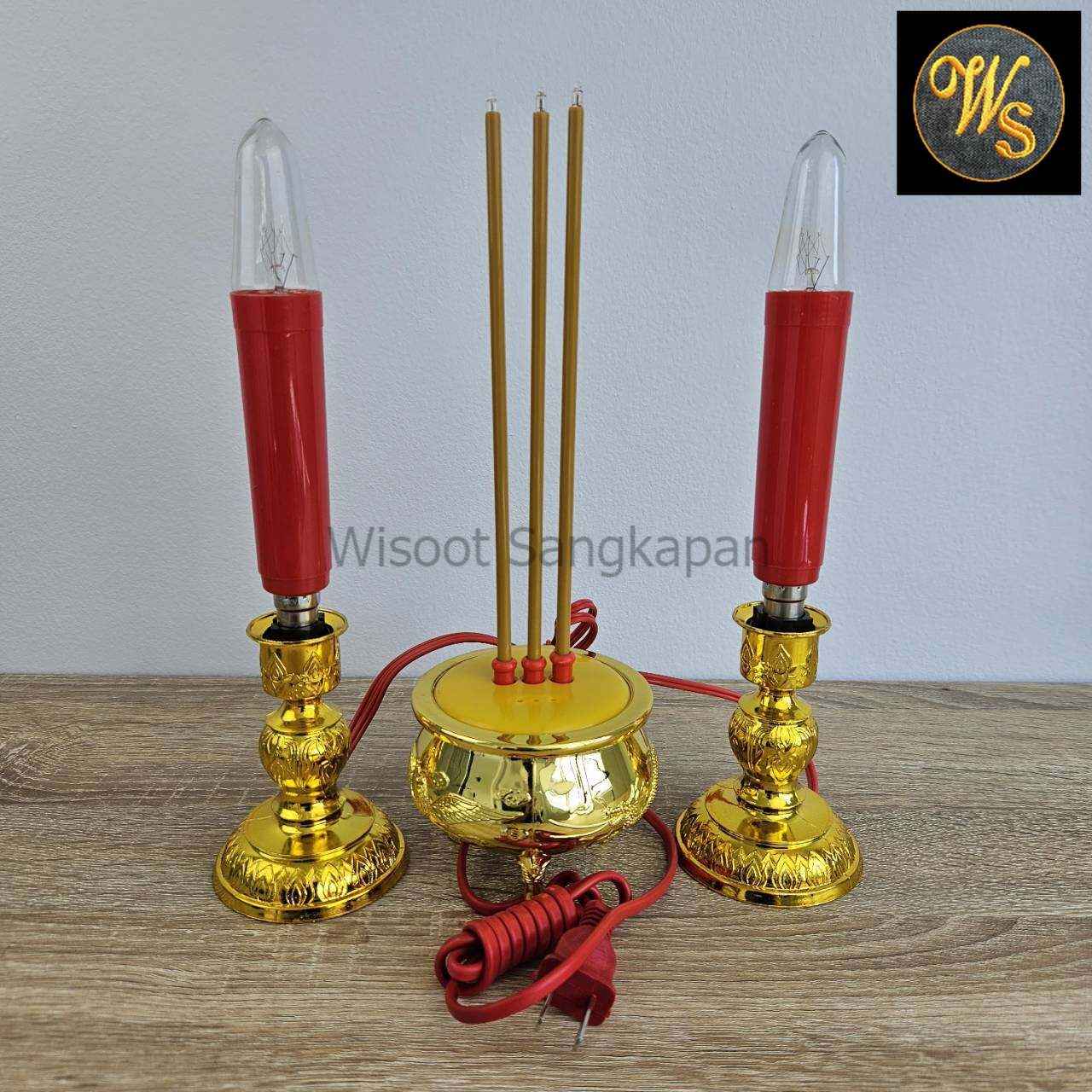 Wisoot ชุด กระถางธูป-เทียนไฟฟ้า ธูป ไฟฟ้า 3 ดอก เทียนไฟฟ้า (หลอดเทียนยาว มี 2 สีให้เลือก) Incense Candles and Candle Holder