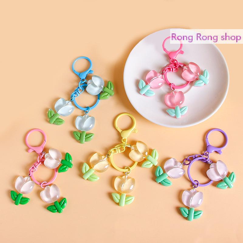 Rong Rong shop Dễ thương Tulip Keychain thời trang đầy màu sắc nhựa hoa Ba lô mặt dây chuyền phụ kiện điện thoại Mặt dây chuyền cô gái vài món quà trang trí