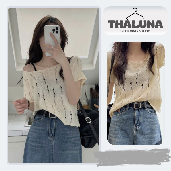 THALUNA – Áo Thun Nữ Form Rộng Rách Nhẹ Cá Tính, Chất Cotton Mềm Mịn, Thoáng Mát Dễ Phối Đồ