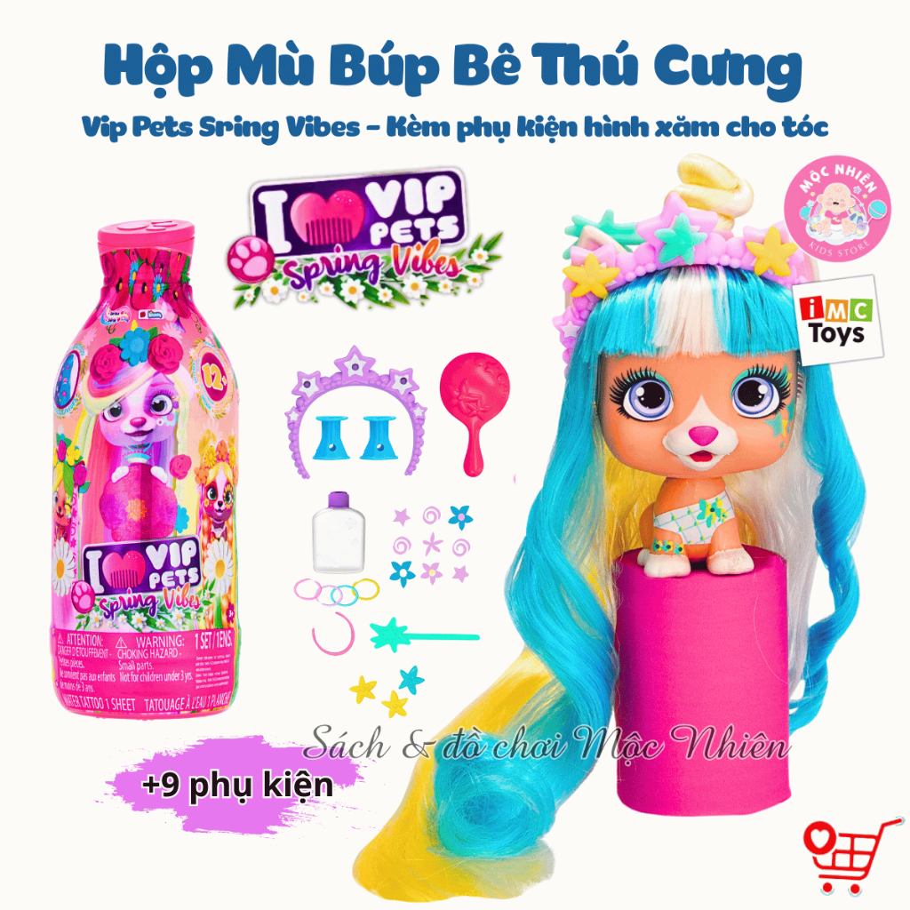 Hộp mù búp bê thú cưng kèm phụ kiện hình xăm cho tóc IMC Vip Pets Spring Vibes