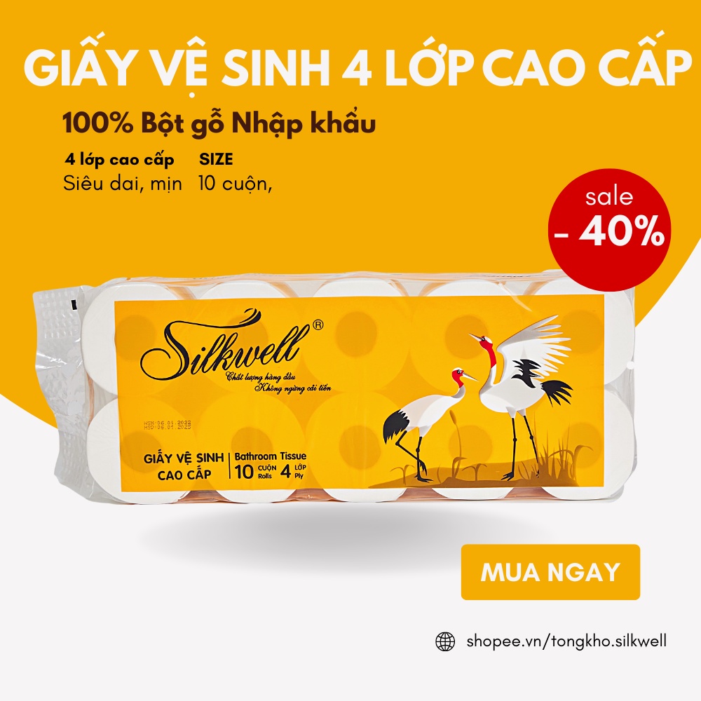 Giấy vệ sinh Silkwell Sếu 10 cuộn 4 lớp có lõi hàng Cao cấp,siêu mềm mịn không tẩy trắng chính hãng