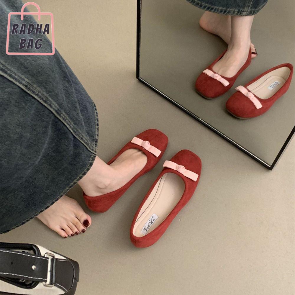 SFHDHETRR Miệng nông Giày bệt ba lê Chống trượt Mũi tròn Giày nữ Thời trang Phong cách Pháp Giày đế bằng thắt nơ Phụ nữ