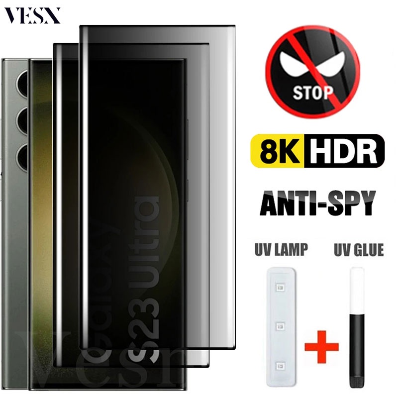  Kính cường lực chống nhìn trộm full màn hình keo UV cho Samsung ss Galaxy S23 S22 S21 S20 Note 20 Ultra S10 S9 S8 10 9 8 Plus 4G 5G 2025 