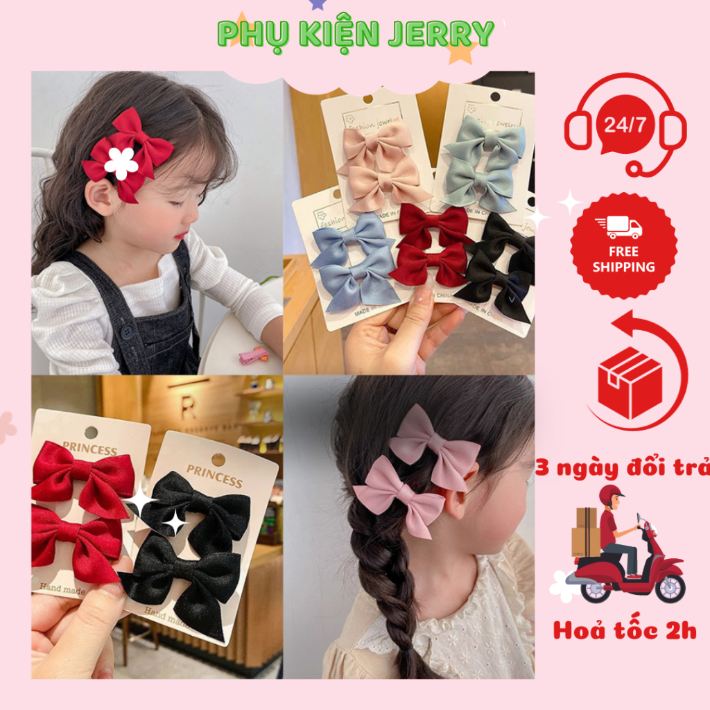 Set 2 kẹp tóc nơ vải lụa trơn satin tông màu pastel siêu xinh phong cách Hàn Quốc - Phụ kiện Jerry