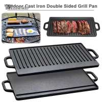 Commercial-Grade Cast Iron Griddle Plate Heavy Duty Two-Sided BBQ Pan with Double Handles Grill Pan Grill Plate Griddle Pan for Steaks Broil Bread Eggs Non-Coated Pre-Seasoned Surface Campfire & Restaurant Safe – Rectangular Design with Handles for Camp