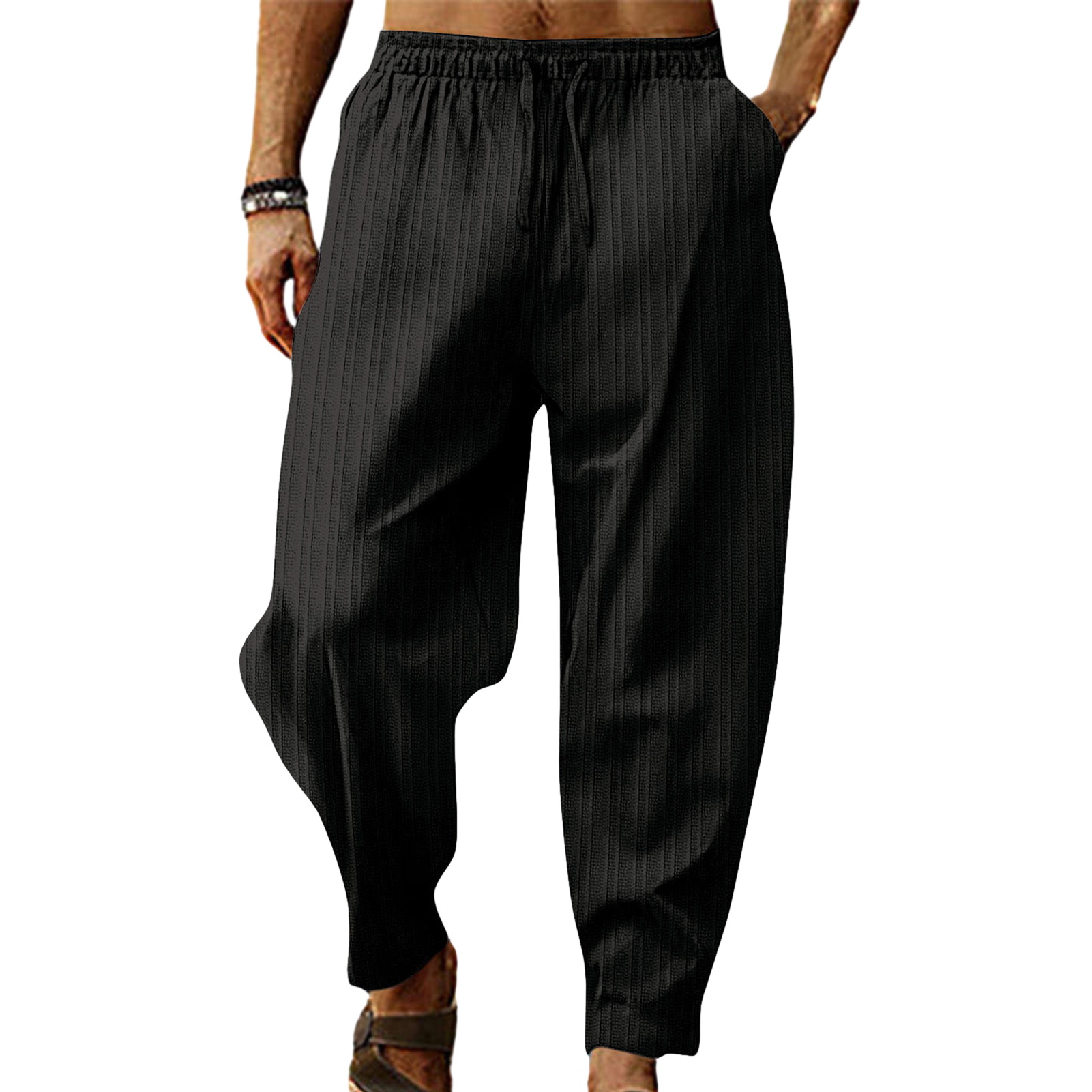 UHH Straight Leg Trousers Mid Waist Trousers Men's Casual Drawstring Sweatpants Elastic Waist Wide Leg Loose Fit Soft Breathable Sports Pants Striped Solid Color Deep Crotch Comfortable for Everyday