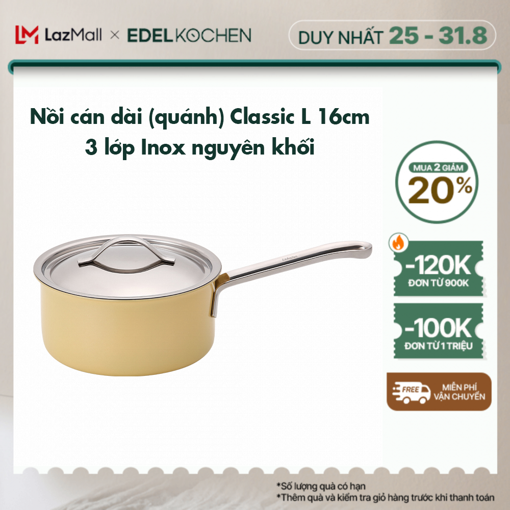 Nồi inox cán dài, quánh 3 lớp nguyên khối Edelkochen Classic L Collection size 16cm – Màu Honey Yellow