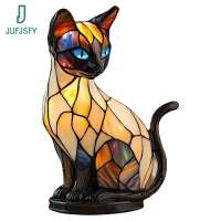 Stained Glass Cat Lamp Cute Animal Resin Night Light LED Bedside Lamp for Bedroom Living Room Decor Home Decoration Gift