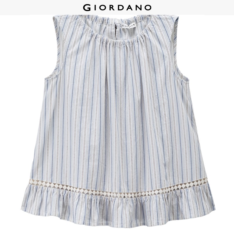 GIORDANO Women Blouses Striped Openwork Ruffle Hem Blouses Round Neck Sleeveless Fashionable Casual Loose Blouses 18346514 ราคา 1,579 บาท*ส่งฟรี