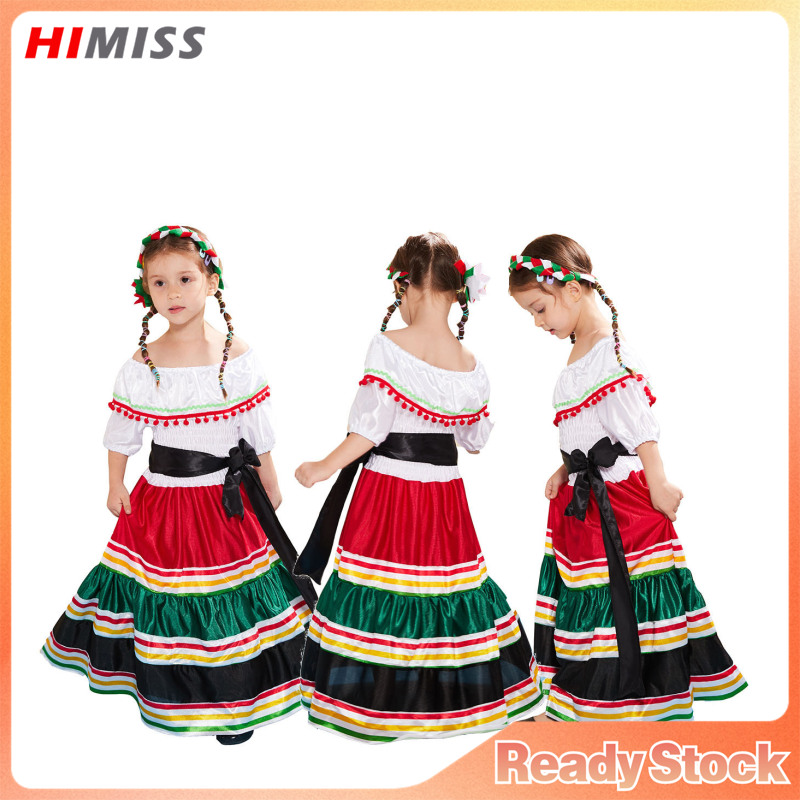 3 Pcs Mexican Dress Set For Girls Off Shoulder Short Sleeve Color Blocking Dress With Belt Headband ราคา 482 บาท*ส่งฟรี