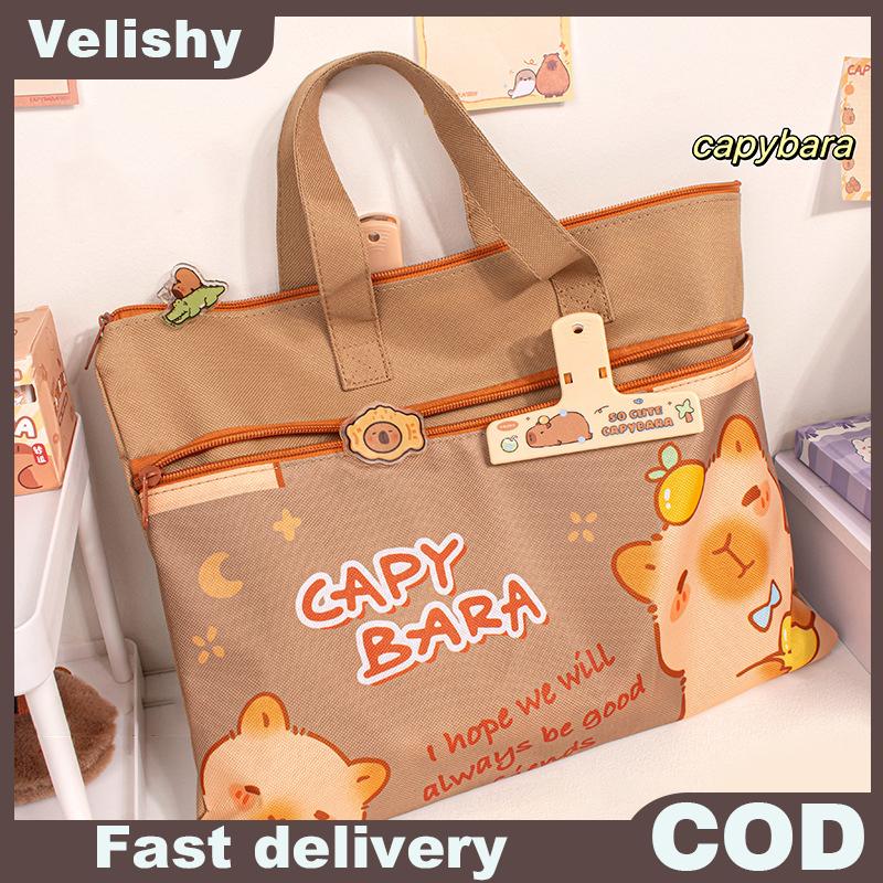 Velishy Vải capybara sinh viên hướng dẫn túi công suất lớn với dây kéo Tote trường gói Văn Phòng TrườNg cung cấp tập tin Túi sinh viên