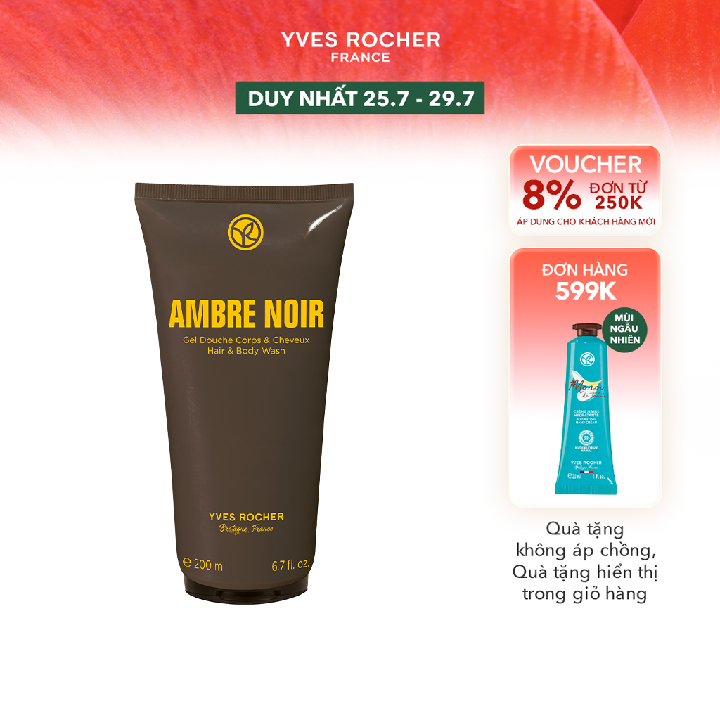 Sữa tắm gội cho nam Yves Rocher Ambre Noir Hair & Body Shampoo 200ml