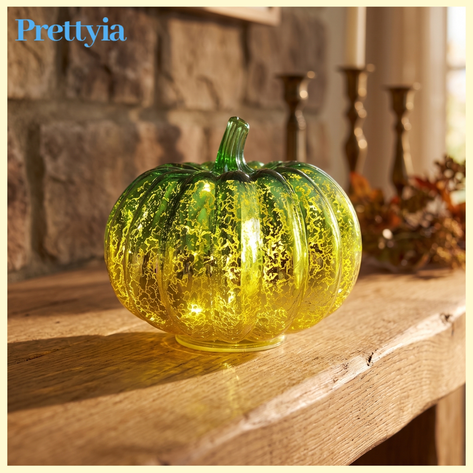Prettyia Fall Glass Pumpkin Lamp Halloween Pumpkin Lamp Warm Yellow Ornament Translucent for Shelves