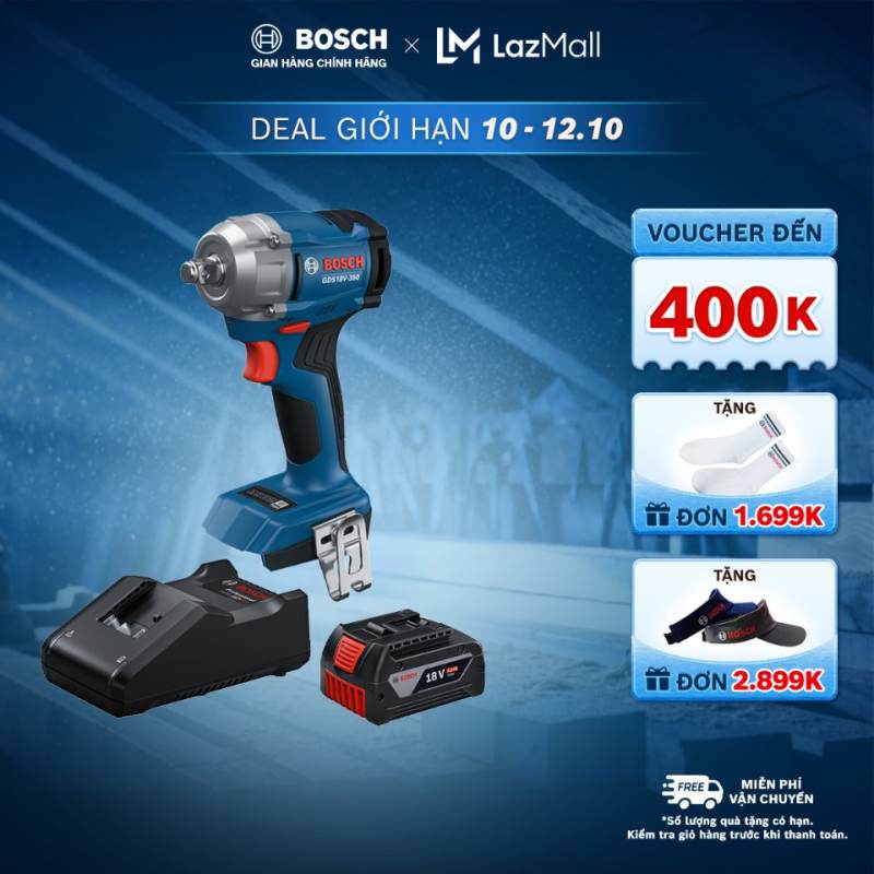 Máy siết ốc dùng pin Bosch GDS 18V-350 Solo + Bộ Sạc GAL 18V-40 và 1 Pin GBA 4.0Ah MỚI