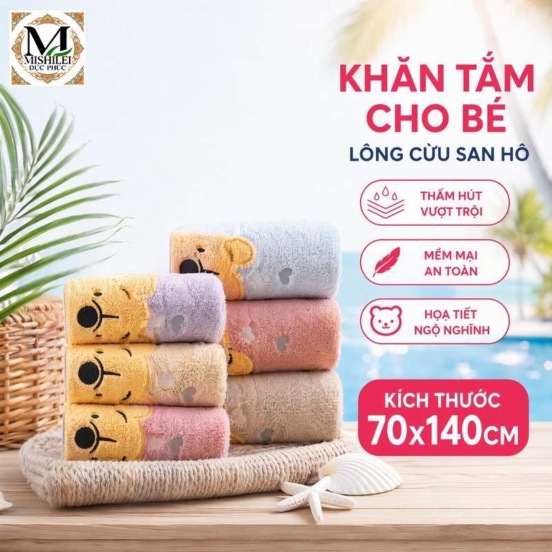 Mishilei Khăn tắm áo choàng tắm trẻ em lông san hô mềm thấm hút nhanh có mũ hình thú dễ thương dùng đi biển hồ bơi