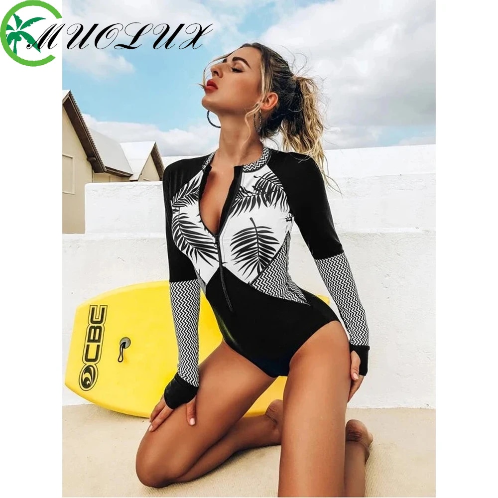 【New Arrivals】 Muolux 2024 Swimwear Rash Guard One Piece Woman Swimsuit Sport Print Surfing Suit Bodysuit Bathing Suit Beachwear Monokini