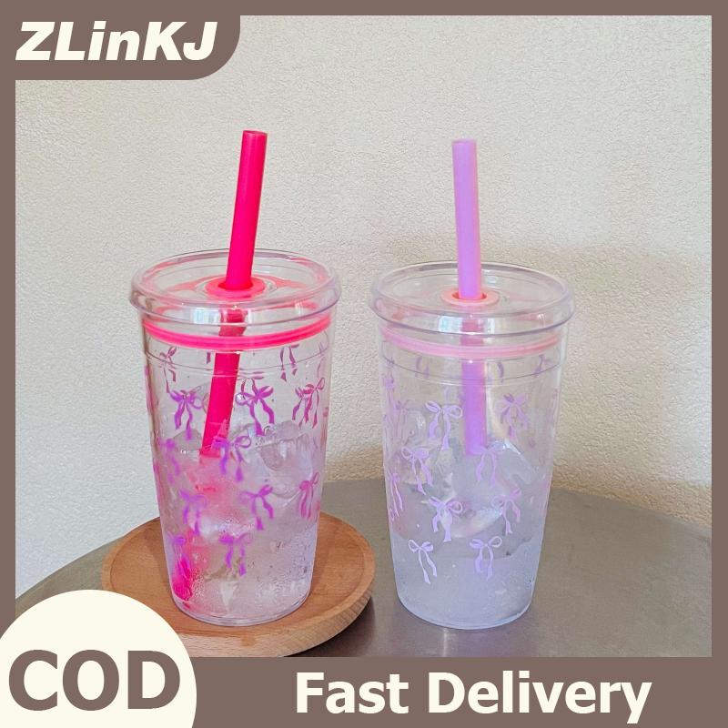 ZLinKJ 450ml không bị rò rỉ cung in chai nước bằng nhựa với Rơm có thể đá cà phê nóng nước trái cây cup Bowknot Tumbler cup drinkware chai