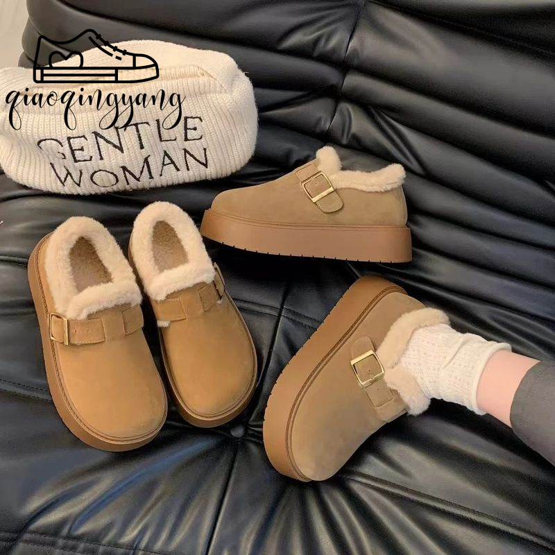 Warm Faux Fur Lined Slip-On Loafers for Women, Thick Sole Comfortable Winter Boots with Buckle Design ราคา 252 บาท*ส่งฟรี