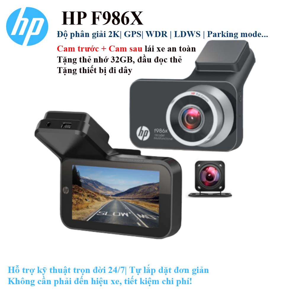Camera hành trình cao cấp HP F986X tích hợp cam sau, phân giải UHD 2K, GPS