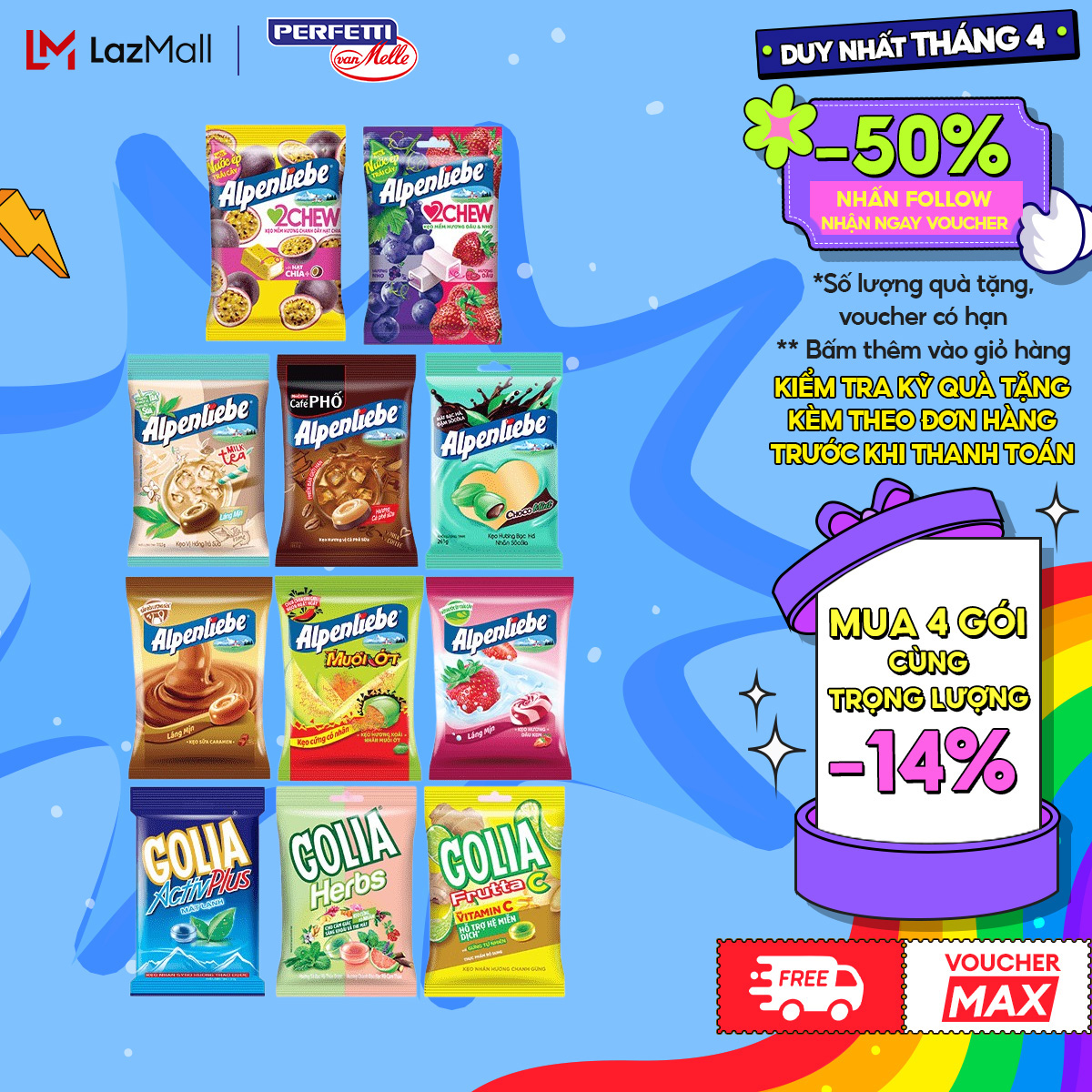 Alpenliebe and Golia hard candy and soft candy in many flavors, including Mango with Chili Salt, Caramel, Strawberry Milk, and Mint