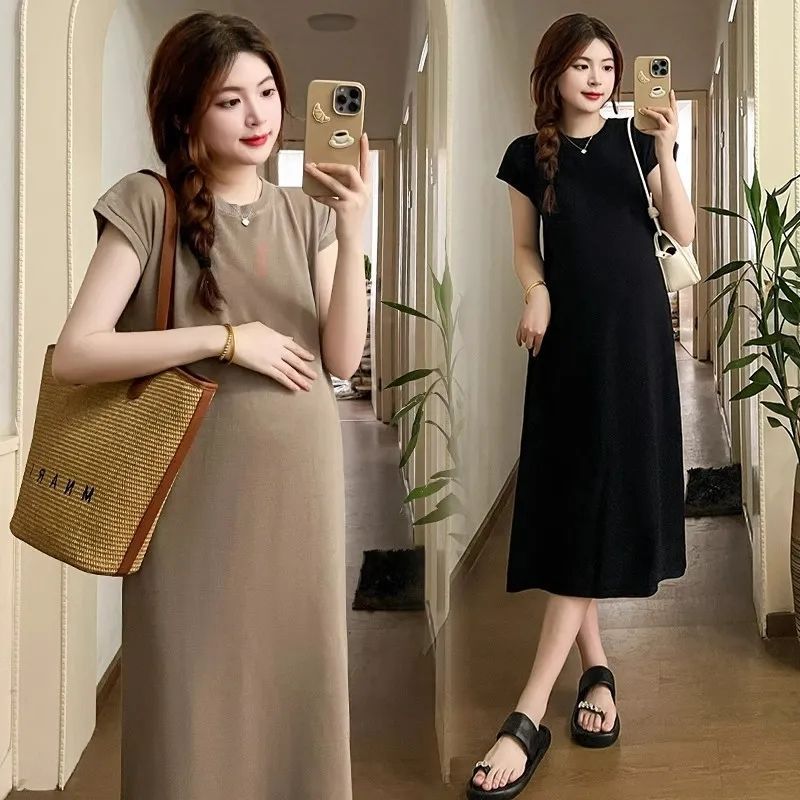  Đầm bầu cỡ lỡn phong cách Hàn Quốc mùa hè dáng rộng Áo thun dáng suông dáng rộng áo váy bầu tay ngắn đồ mặc ngoài thanh lịch thời trang váy nữ bầu có túi 