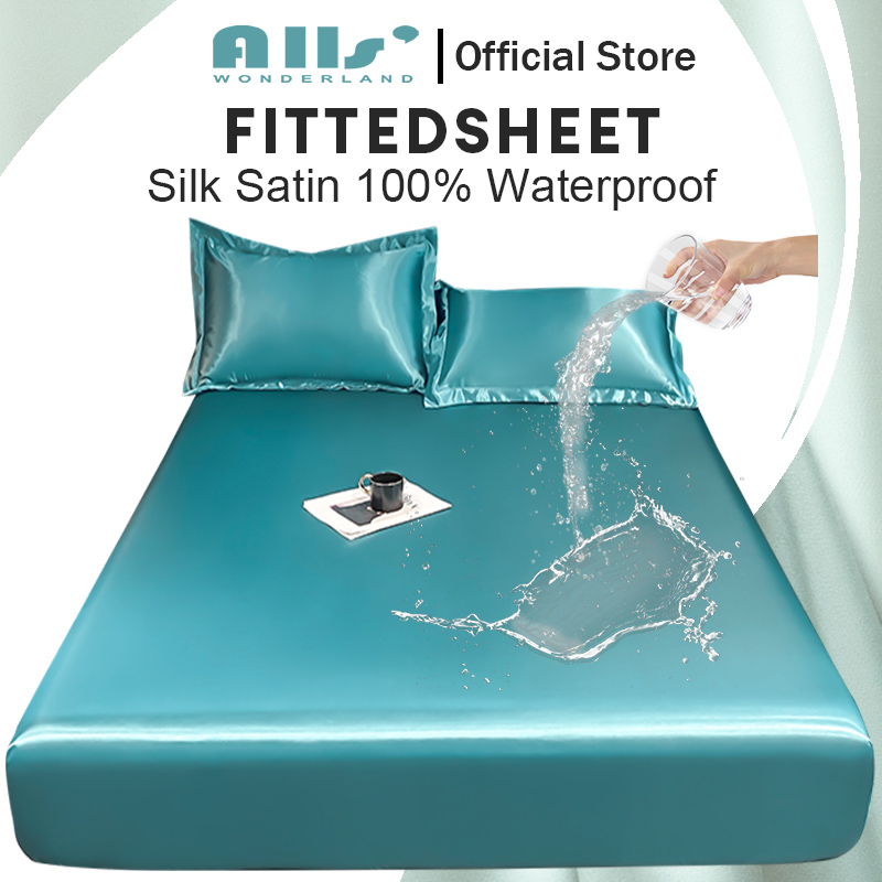 Alls' Wonderland 100% Waterproof Fittedsheet Plain Silk Satin TPU Waterproof Mattress Protector Garterized Fitted Bedsheet Pillowcase ราคา 138 บาท*ส่งฟรี